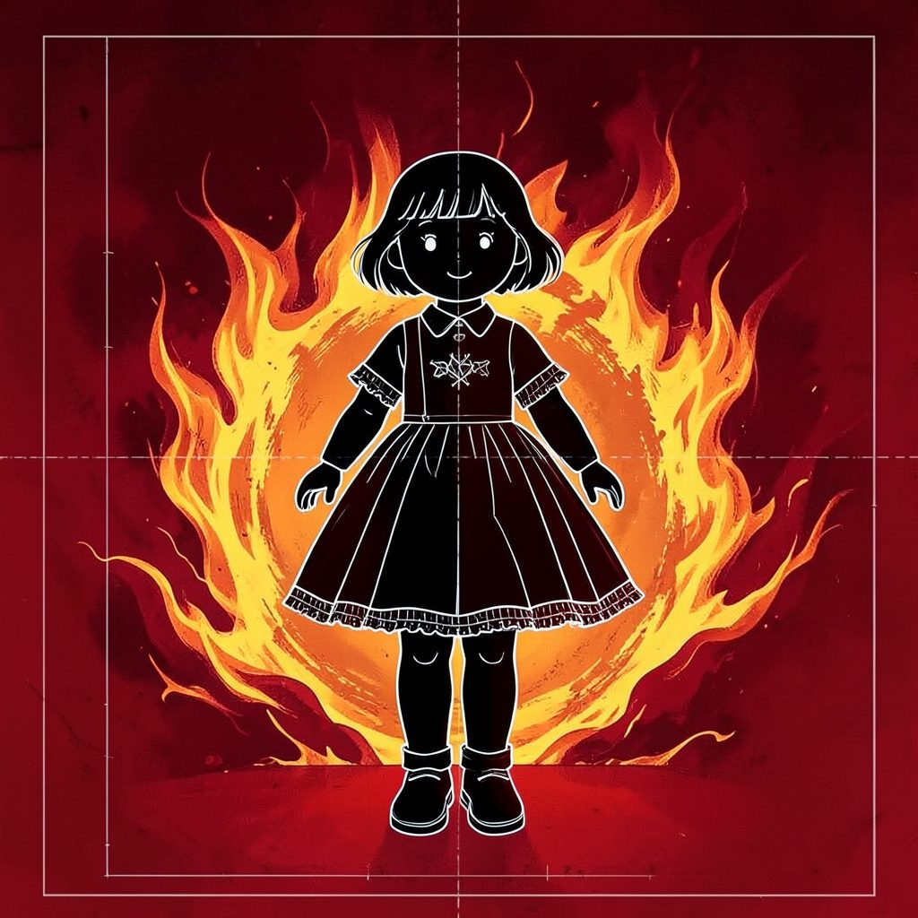 Dark thriller poster with a doll silhouette against a fiery orange and red background, horror mood