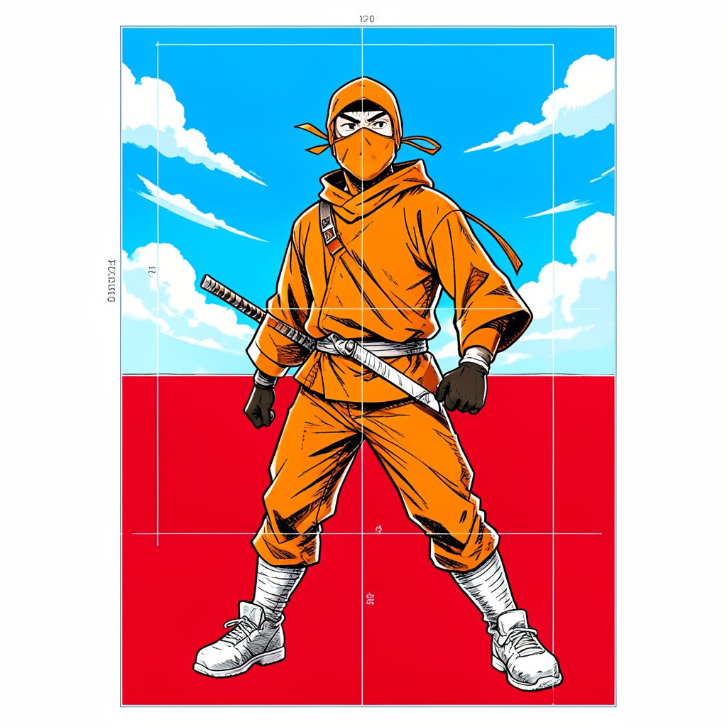 Anime poster with a ninja in orange against a bright blue sky, bold manga-style artwork