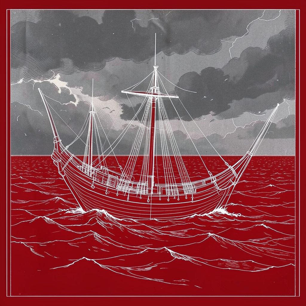 Epic historical poster with a longship silhouette against stormy gray skies and rough seas