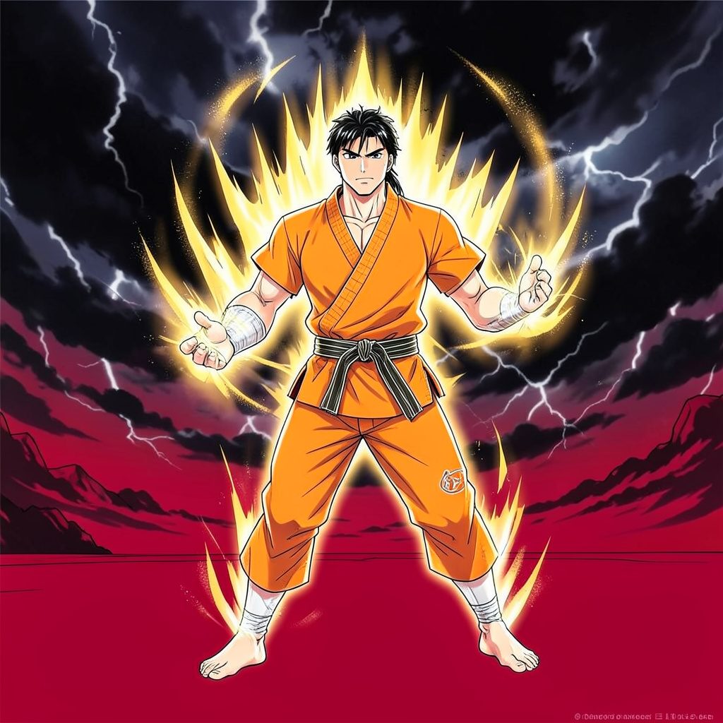 Anime poster with a warrior in orange gi powering up, golden energy aura against a dark stormy sky