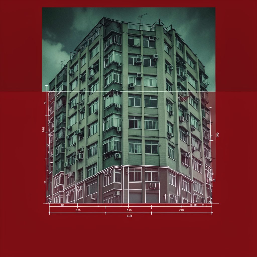 Korean drama poster with a moody apartment building facade in muted greens and grays, somber atmosphere