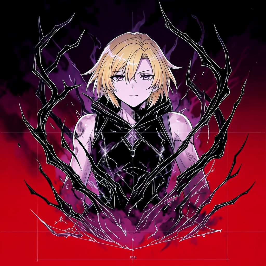 Anime poster with a blonde-haired character surrounded by dark supernatural energy, moody purple and black tones