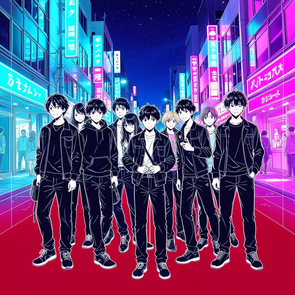 Anime poster with a gang of youths against a neon-lit Tokyo street at night, vibrant cyan and magenta