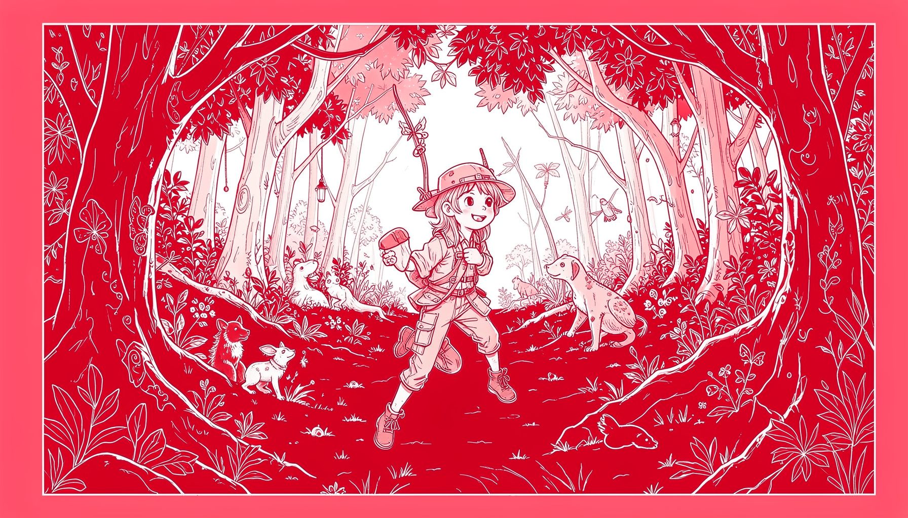 Whimsical storybook illustration with a young explorer and magical creatures in a sunlit enchanted forest