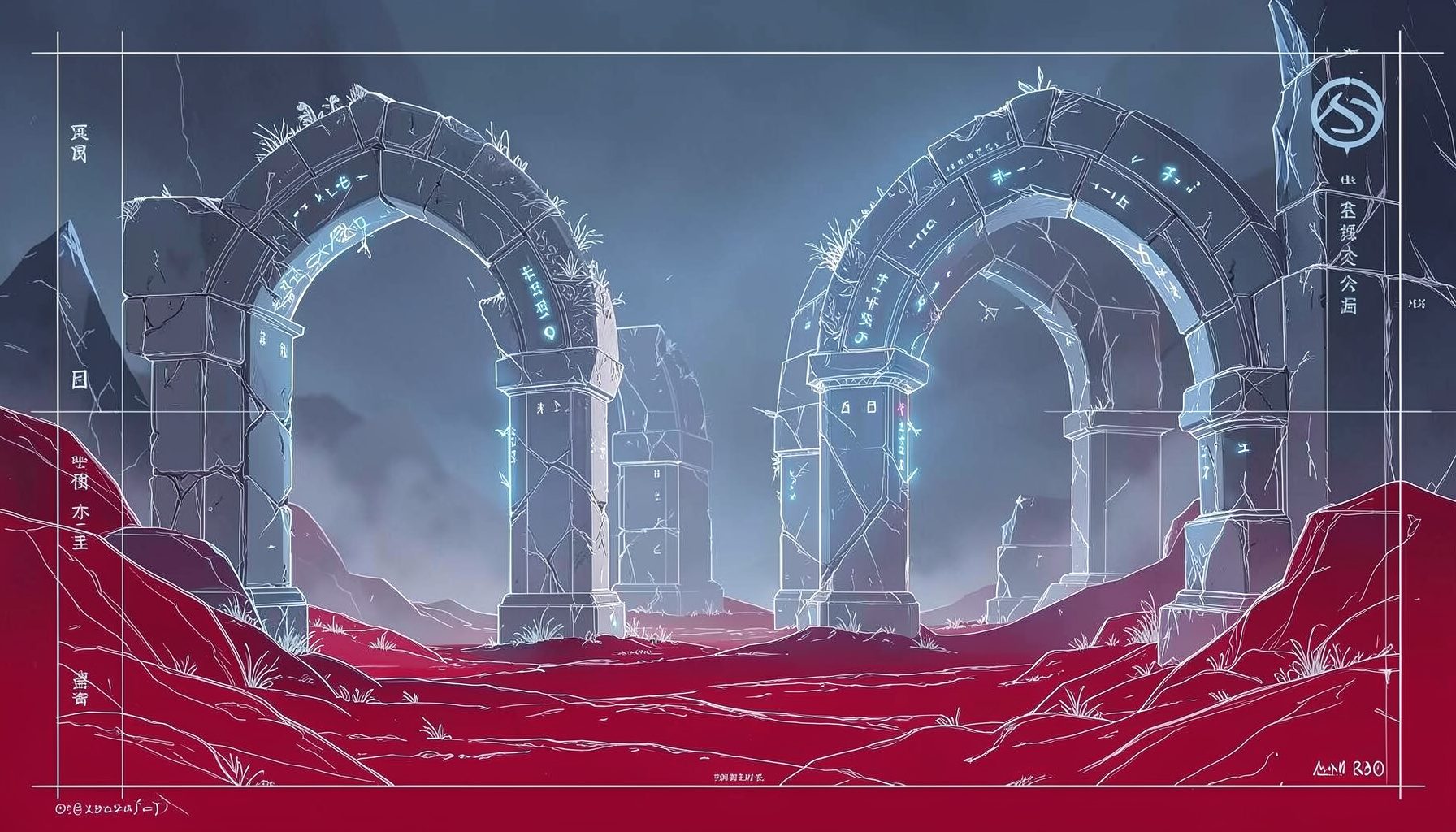Misty fantasy landscape with ancient stone archways and glowing runes, cool blue and silver tones