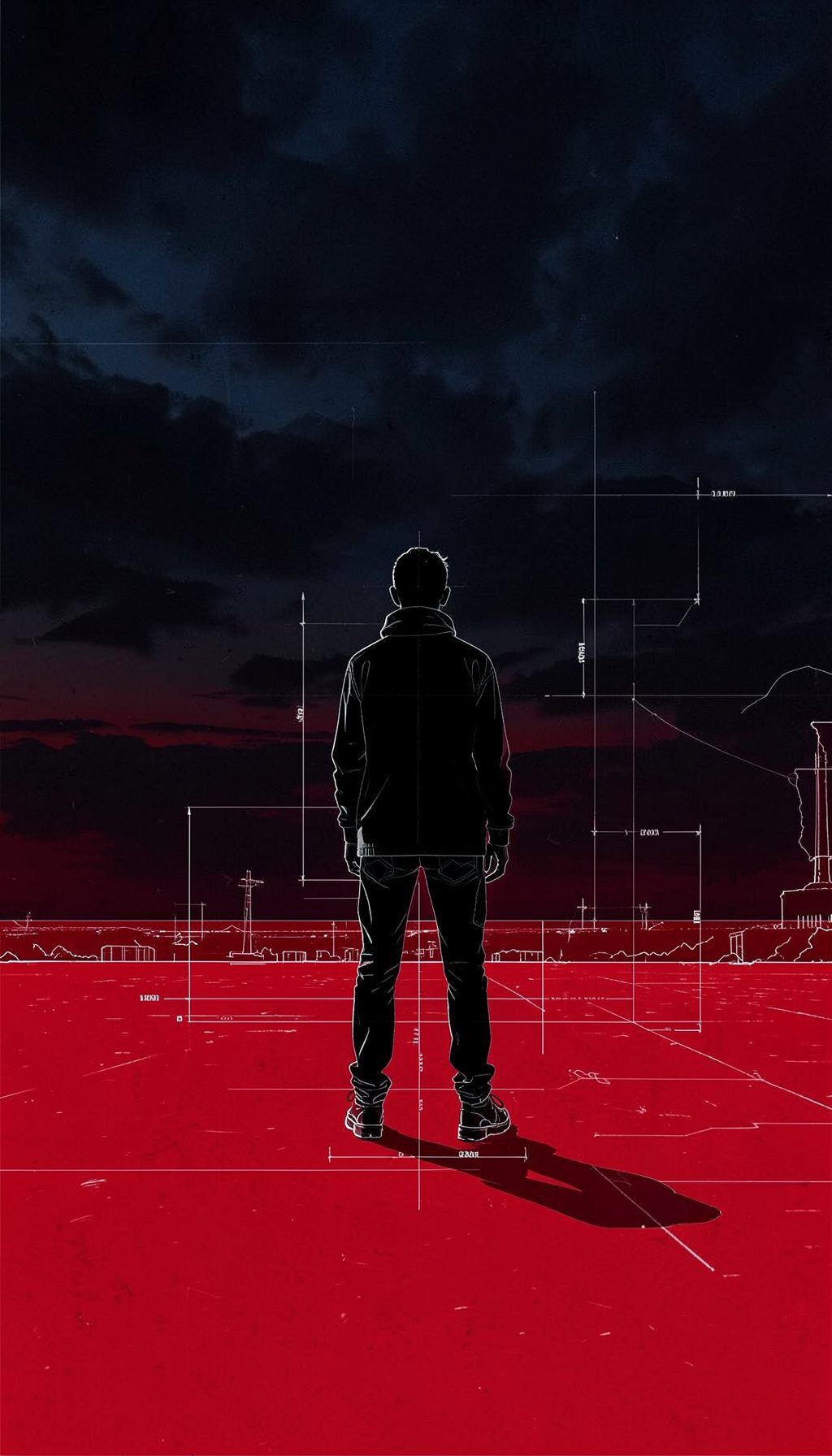 Dark atmospheric poster with a lone figure silhouette against a moody twilight sky, dramatic spy-thriller mood