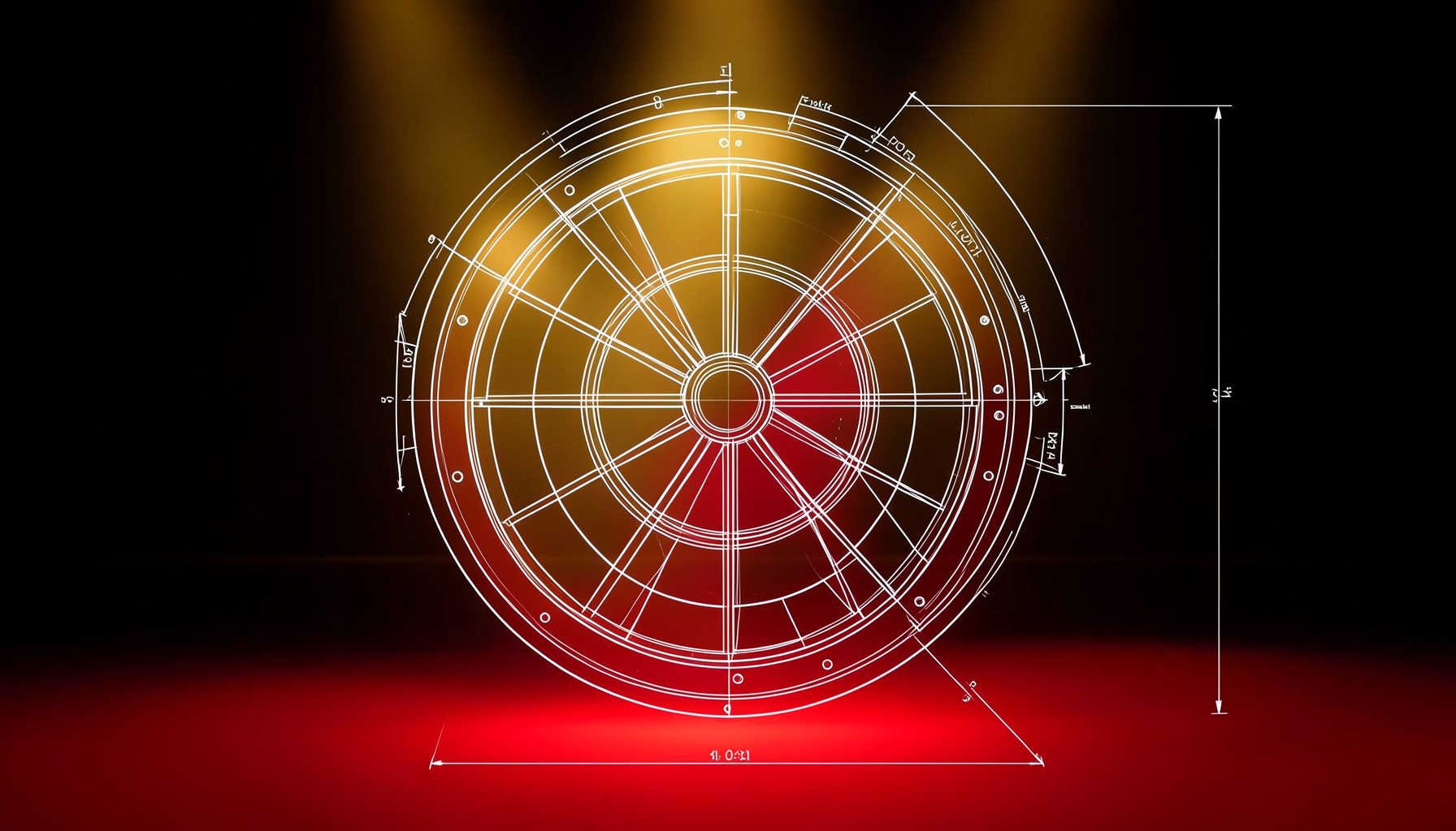 Classic game-show wheel illuminated by warm golden spotlights against a dark studio backdrop