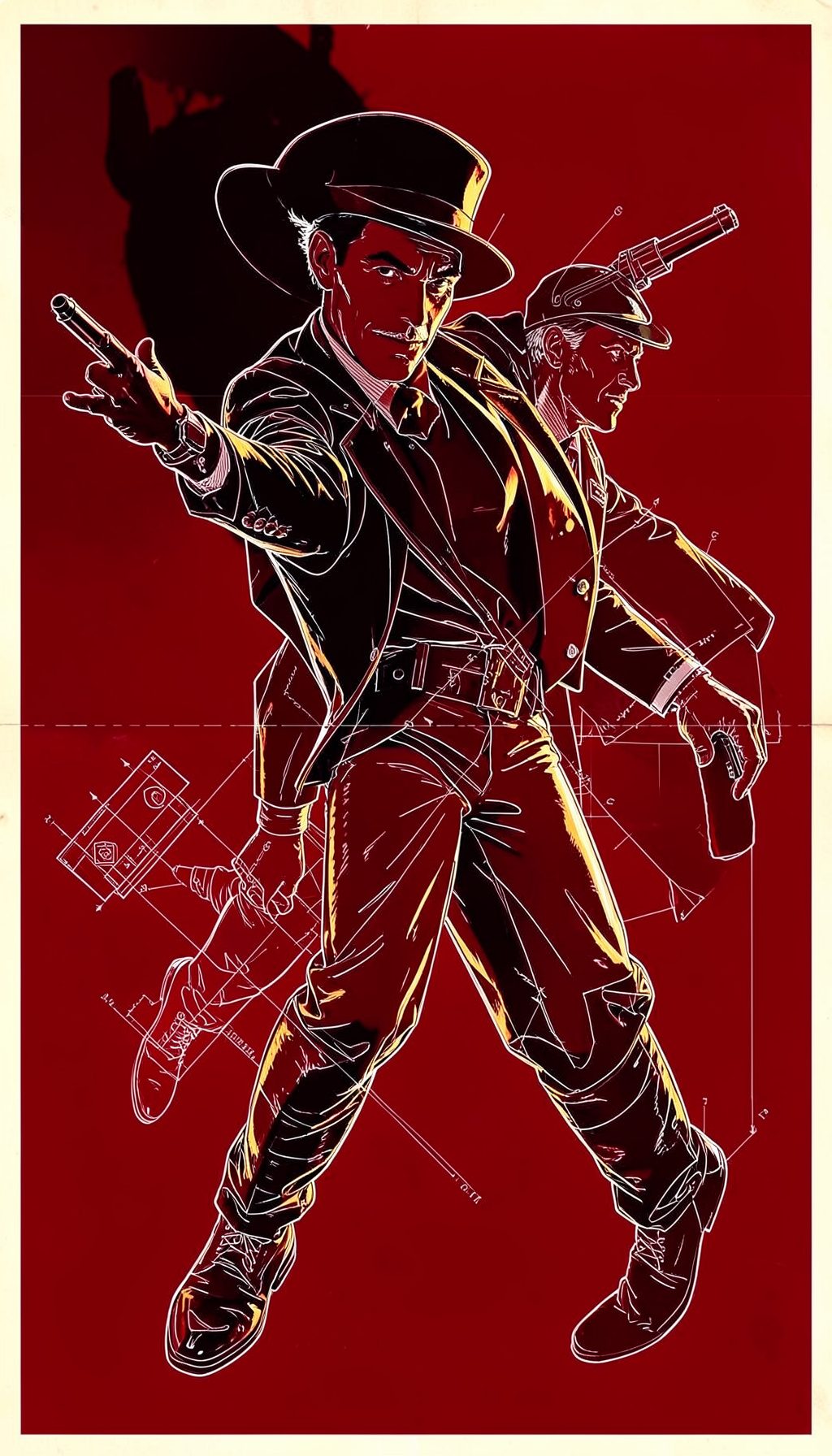Classic Bond-era poster with stylized action composition and warm golden highlights against deep shadows