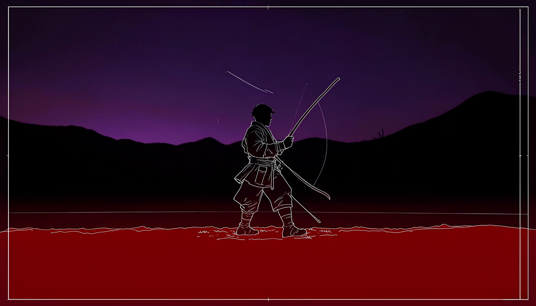 Dark atmospheric scene with a lone archer silhouette against a purple twilight sky, moody and dramatic