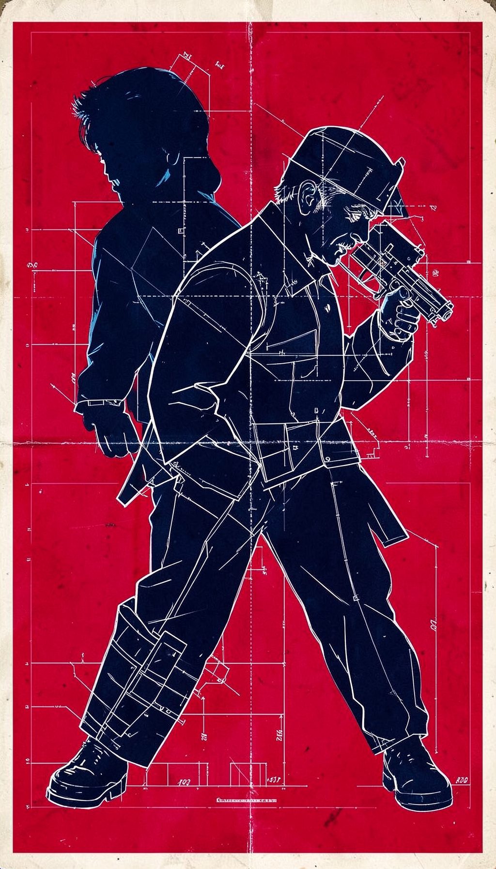 Retro spy film poster with bold silhouettes and cool blue undertones, vintage action aesthetic