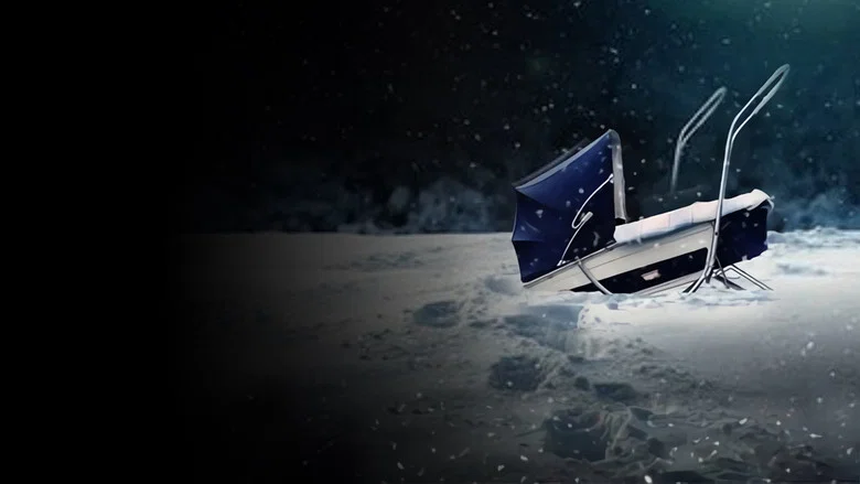 Nighttime winter scene with a sled or stretcher-like object overturned in snow, dark moody tones with snowfall
